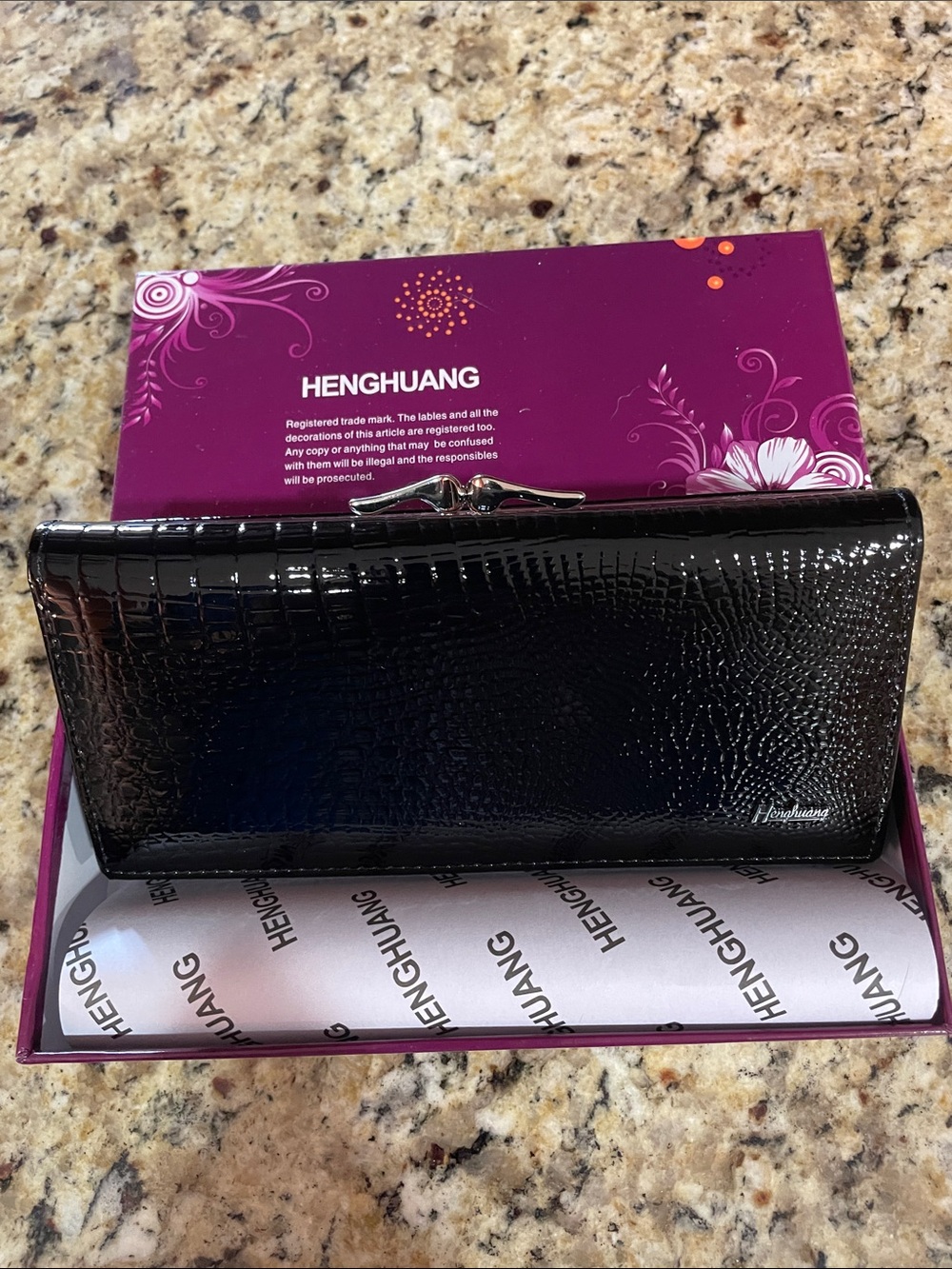 Black Croc-Embossed Patent Wallet